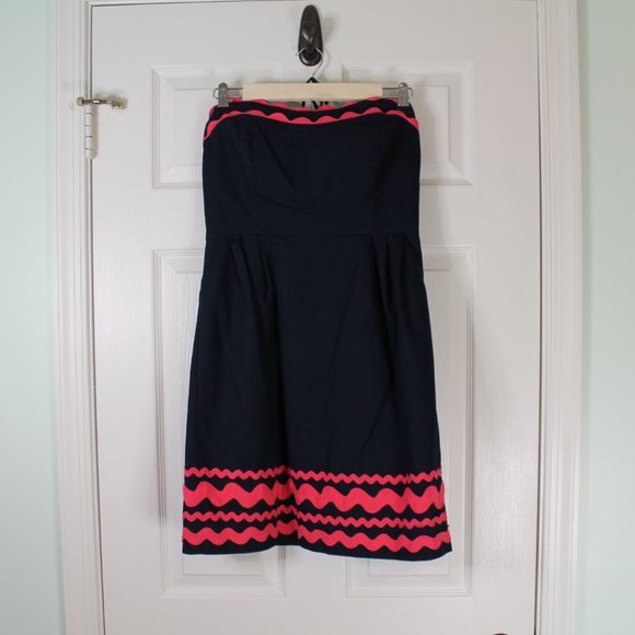 Vineyard Vines Ric Rac Strapless Sweetheart Neck Preppy Dress in Navy & Pink - Picture 2 of 6